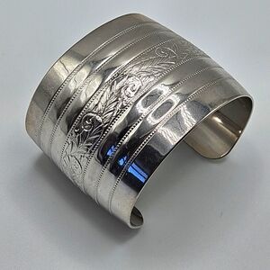 VINTAGE Monet Polished Silver Ton Etched Design Wide 2" Cuff Bracelet Signed 80s